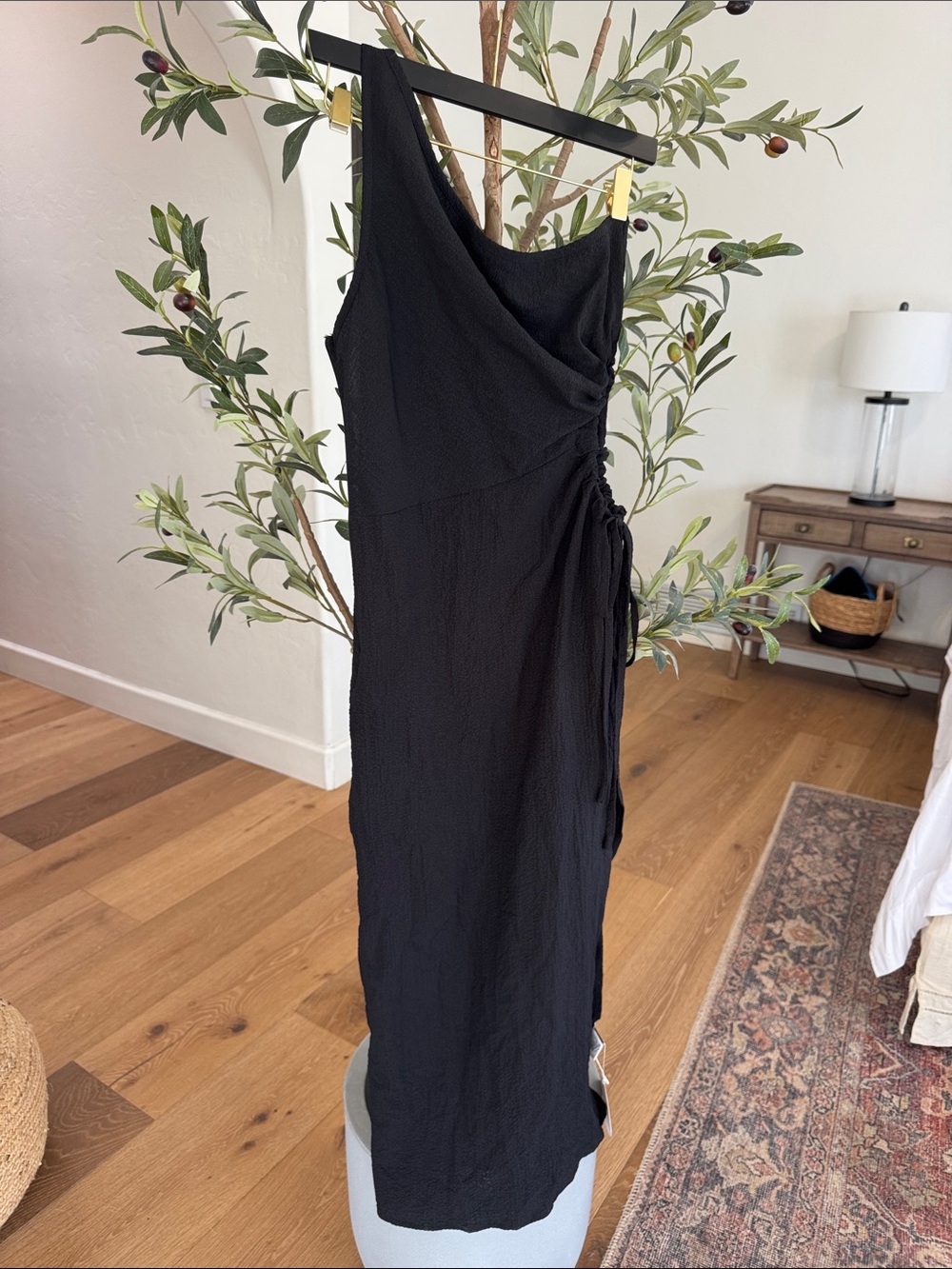 SHEIN VCAY Black One-Shoulder Ruched Cutout Adjustable Side Midi Dress